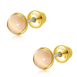 Limerencia Titanium Earrings, 20G 6mm Hypoallergenic Cat's Eye Screw Back Earrings for Sensitive Ears, Implant Grade Pure G23 Titanium Studs, Jelly Gold Tone, Minimalist Stud Earrings for Women