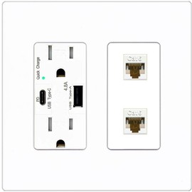 RiteAV 2 Port Cat6 Ethernet Wall Plate - USB A+C Charger [Screwless White]