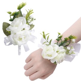 URROMA Wrist Corsage Boutonniere Set, 2Pcs White Rose and Ribbon Artificial Corsage Flower Bracelet Wristband Hand Flower Corsage Bouquet