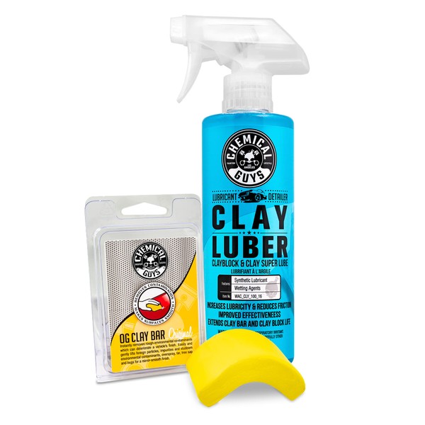 Chemical Guys CLY_113 OG Clay Bar & Lubber Synthetic Lubricant Kit, Light/Medium Duty, 16 oz (2 Items), Yellow