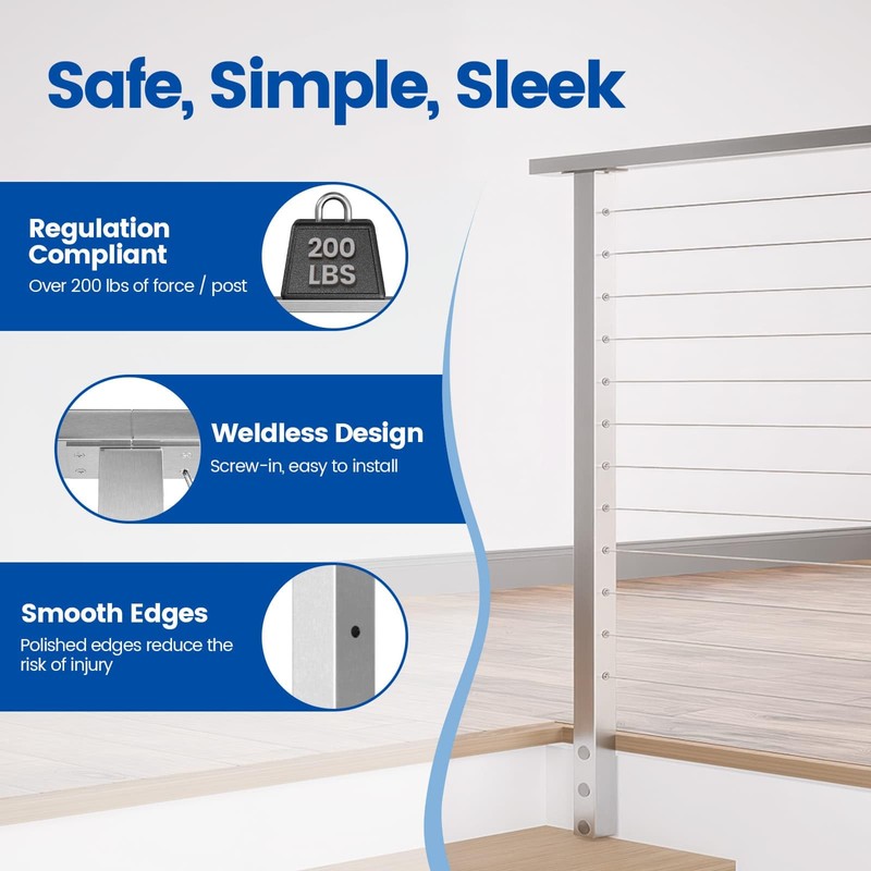Muzata Side Mount Cable Railing Post 42 Inch 42"x2"x2" Level
