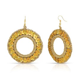 Folklorico Performance Earrings, Mexican Crochet Folklorico Dance Round Gold Embroidered Sequins Earrings (Small)