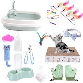 Kitten Starter Kit - 16 Pcs Cat Essentials Set Includes Litter Box, Toys, Collars, Scratch Pad, Nail File, Automatic Feed Bowls, Grooming Gloves