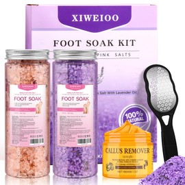 XIWEIOO Himalayan Pink Foot Soak Set Pedicure Kit Tea Tree Oil Foot Soak Salts,Foot File,Foot Scrub Epsom Salt Pedicure at Home spa Callus Remover Gel Kit for Dry, Cracked Feet - Women's Spa Kit