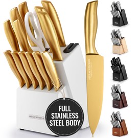 Zulay Premium Quality 15-Piece Knife Set with Natural Wood Block, Ultra Sharp, One-Piece Design Stainless Steel Knives Engineered for Precision Cutting, Durable and Rust-Proof, with Built-in Sharpener
