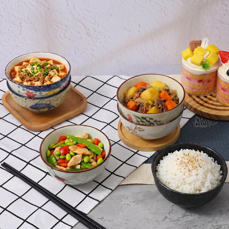 6 Pack Rice Bowls, 4.5 Inch 10 Oz Japanese Retro