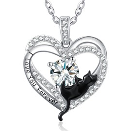 April Birthstone Cubic Zirconia Jewellery Mother's Day Gifts Cat Necklaces for Women Sterling Silver Heart Pendant Necklaces Cute Animal for Cat Lover Gifts