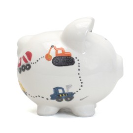 Child to Cherish Ceramic Piggy Bank for Boys, Hard Hat Construction Trucks