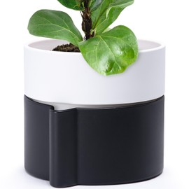 8 Inch Self-Watering Planter Pot with Terracotta Insert, Deep Water Reservoir, and Ceramic-Alike BPA-Free Plastic Planter Pot for Plant, Modern Planter for Houseplants, Black/White, 53-C-T-7