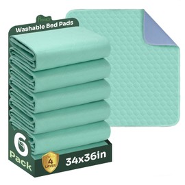 Hide Stains Bed Pads Washable Waterproof for Incontinence, 4-Layer Absorbency Pee Pads, Washable Underpad, Bed Wetting Pad for Elderly, Adults, Pets, 34"x36"-6 Pack, Green