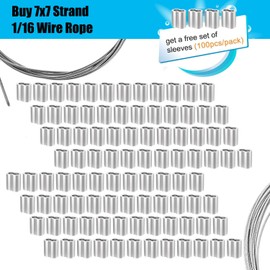 1/16 Wire Rope,304 Stainless Steel Wire Cable,30m/98ft Length Aircraft Cable,7x7 Strand Core,368lbs/167kg Breaking Strength with 100 Pcs Aluminum Crimping Clamps Loop Sleeve