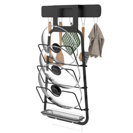 Temste Cabinet Door Pot Lid Organizer,Over the Door Lid Holder with Folding Hooks for Pot and Pan Cover, Inside the Cabinet-Hanging 3-Tier Pot Lid Rack for Kitchen Storage,Black