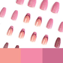 Clataly 24 Pcs Sparkling Pink Purple Sequins Aurora Meteor False Nail Pearlescent Fake Nail Press On False Nails (E)