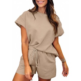 SHEWIN Women 2 Piece Outfits Sweat Set 2025 Casual Short Sleeve Summer Tee Shirts Matching Lounge Shorts Sets Cozy Pajamas Tracksuit Loungewear Sweatsuit Khaki M