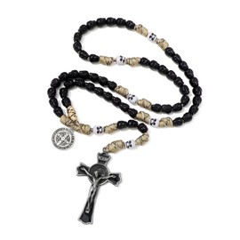 KOMI Skull Beads Paracord Rosary with St Benedict Medal and Enamel Jesus Crucifix Gothic Rugged Durable Black Paracord Rosary Catholic for Men Women Christian Gifts