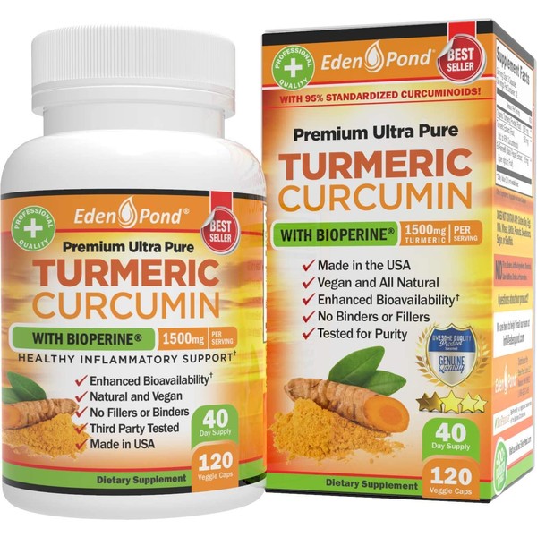 Eden Pond Turmeric Curcumin with BioPerine 1500mg. Joint & Healthy Inflammatory Support with 95% Standardized Curcuminoids and Black Pepper, Organic Turmeric Curcumin, 120 Count