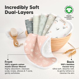 6-Pack Cotton Baby Washcloths for Newborn - Organic Cotton Muslin Soft Wash Cloths Babies, Infant, Kids, Toddler Towels for Boy, Girl, Super Absorbent Face Cloths, Scratch-Free Baby Rags (Fleur)