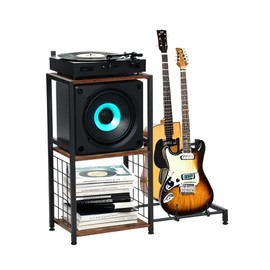 Homy Casa 3-Tier Record Player Stand with Guitar Holder, Vinyl Turntable Stand with Storage Shelves, Industrial Audio-Visual Shelf with Metal Mesh Frame for Living Room or Bedroom