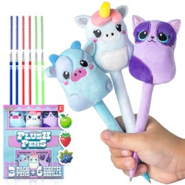BunMo Cute Pens 3 Pack - Stocking Stuffers for Kids - 6 Scented & Glittery Refills - Plush Fun Pens for Kids - Stuffed Cute Animals for Girls Kawaii Stationery - Stocking Stuffers for Girls