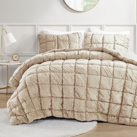 Intelligent Design King Comforter Set 3D Puff Quilting, Pre-Washed Velvet Comforters King Size, Modern All Season Puffy Bedding Set King, Matching Shams Velvet Dream Puff, King, Tan 3 Piece