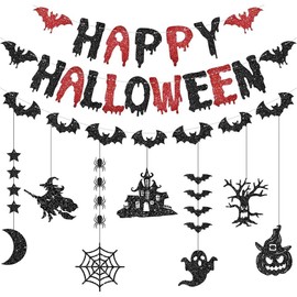 Halloween Garland, Set of 10, HAPPY HALLOWEEN Bat Ghost Spider Web Pumpkin Witch Halloween Decoration Paper Hanging Flag Window Wall Decor Interior Shop Party Decoration Photography Atmosphere (D