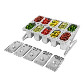 CNCEST Spice Rack, Inclined Expandable Spice Rack Set, Countertop Condiment Holder with 10 Stackable Pans & Lids, Expandable Inclined Condiment Organizer