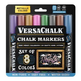 VersaChalk Metallic Liquid Chalk Markers for Blackboards (8 Pack, 5mm, Bold Tip) - Erasable Washable Chalk Pens for Chalkboard Signs, Windows, Glass, Events, Schools, Office Supplies, and Business