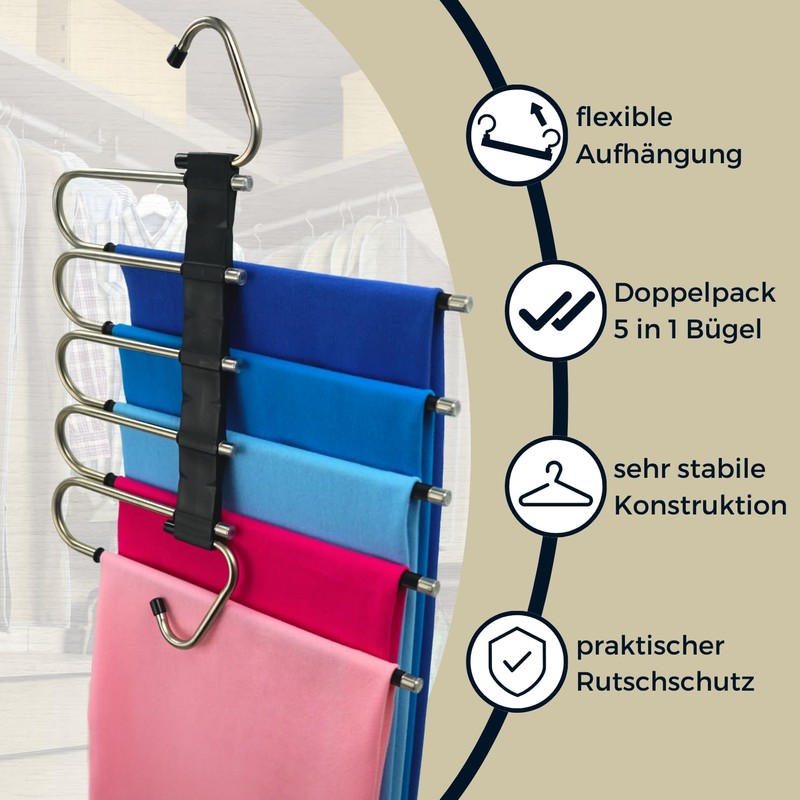 WohnZauber Clothes Hangers Space-Saving 2 x Multiple Trouser Hangers with