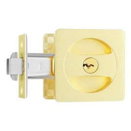 Leydebong 1 Pack Gold Pocket Door Lock with Keys Square Contemporary Pocket Door Hardware Sliding Door Lock Flush Pocket Door Lock, Finish in Satin Brass