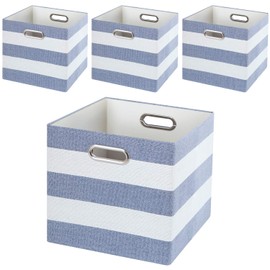 Posprica Storage Basket Bins,11×11 Collapsible Storage Cubes Fabric Drawers for Nurseries,Offices,Closets,Home Décor (Set of 4, Blue-White Striped)