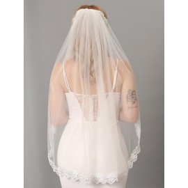 HEREAD Lace Bride Wedding Veil Ivory Short Bridal Tulle Veils Fingertip Length Hair Accessories with Comb for Women and Girls