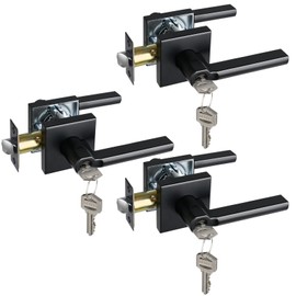 HISAFE Heavy Duty Keyed Entry Door Lever, Matte Black Square Door Handle Interior Door Lock for Front Door and Office, Reversible for Right & Left Handed, 3 Pack
