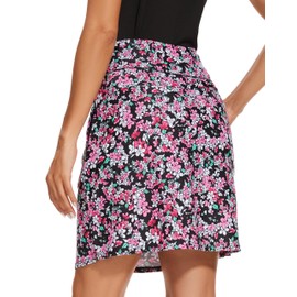 M MOTEEPI Golf Skirts for Women with Pockets Knee Length Tennis Skirt Athletic Skort Black Pink Flowers L