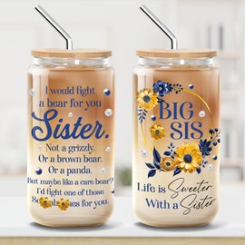POTINAL Big Sis Sister, Glass Cup Tumbler 16 Oz With Lid And Straw, Sister Gifts, Id Fight A Bear For You Sister Decorations Glass Cup Sister Glass Can Tumbler Floral Smoothie Id Fight