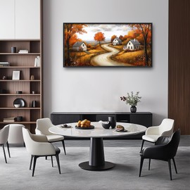 Fall Wall Art For Living Room Large Size Autumn Scenery Wall Decor Country Tree Cabin Rustic Village Canvas Prints Giant Pictures Painting Artwork Decoration Dining Room Bathroom Kitchen 60"x30"