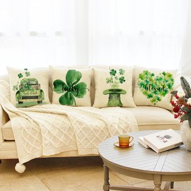 Ogiselestyle St Patricks Day Clover Truck Hat Throw Pillow Cover, 18 x 18 Inch Shamrock Green Cushion Case Decoration for Sofa Couch Set of 4