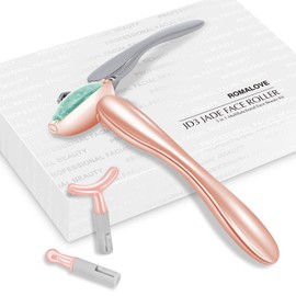 Jade Facial Roller, Jade Face Massage Roller Skincare Beauty Tool with 3 Interchangeable Heads, Women Facial Massager Reduce Puffiness and Fade Fine Lines (Green Roller+Rose Gold Handle)