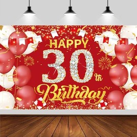 6x3.6ft Happy 30th Birthday Backdrop Banner,Red Birthday Backdrop Sign, Happy Banner,Party Supplies Photo Background for Children Men Women.