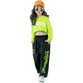 LOLANTA Girls' 2 Piece Dance Outfits Hip Hop Clothes, Kids' Cropped Hoodie White Pants Set Loose Fit (Green, 12-14)