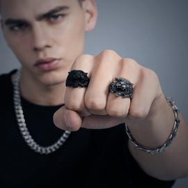 Pinky Ring for Men Rings Stainless Steel Black Signet Ring Wolf Rings Women