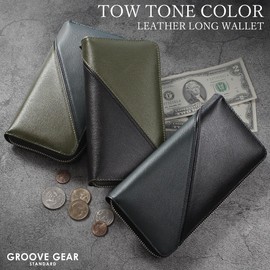 GROOVE GEAR ggs-1043 Genuine Leather Switching Wallet, Men's, Bi-Color, Long Wallet, Genuine Cow Leather, Gift, black/navy