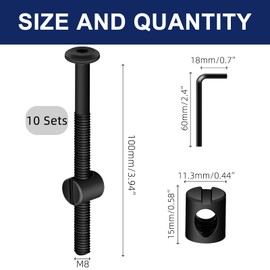 M8 x 100mm Black Flat Head Socket Head Screw Furniture Bolts and Barrel Nuts, with Allen Wrench Perfect for Furniture, 10 Sets