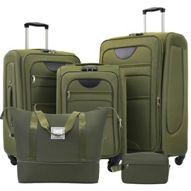 Campfun 5 Piece Luggage Sets, Carry On Luggage Set with Travel Bag & Toiletry Bag, Expandable Softcase Suitcase with External Pockets TSA Lock, Checked Suitcase 20/24/28in for Women Man, Army Green