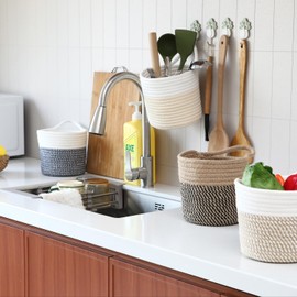 Sea Team Cotton Rope Hanging Baskets 6.9 Inch Small Woven Storage Basket Bicycle Bag Fabric Planter Pot Wall Door Organizer for Keys Wallets Sunglasses (Cream