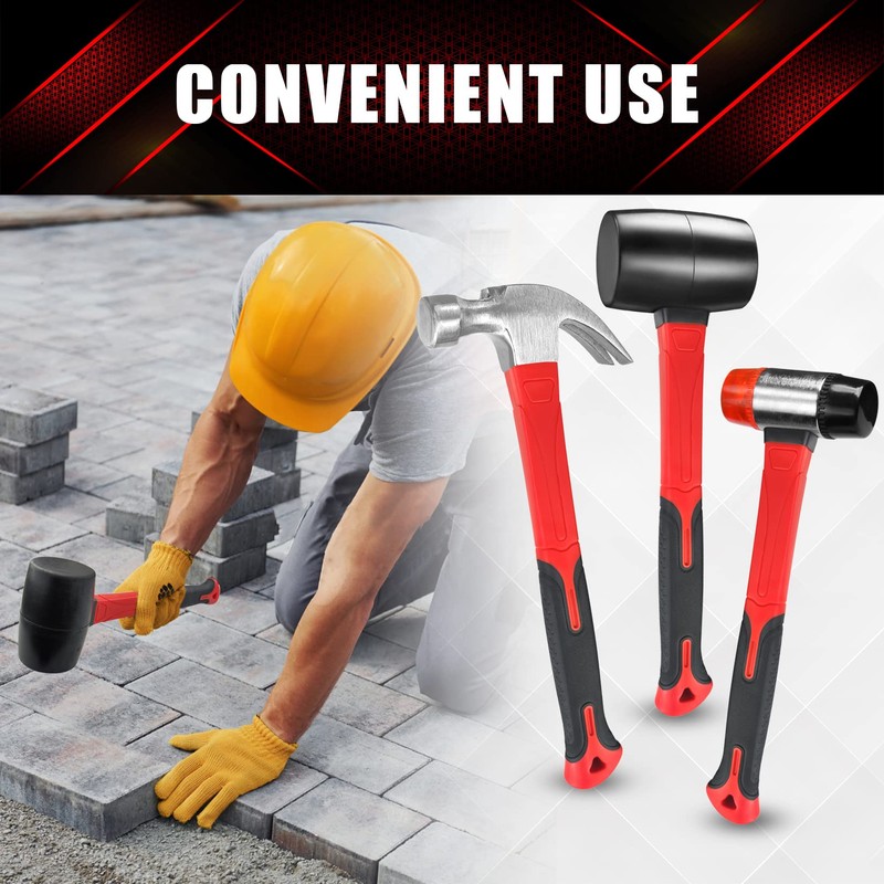 YIYITOOLS 3 Pcs Hammer Set,16oz Rubber Mallet,16oz Claw Hammer and