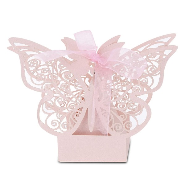 100PCS Wedding Party Favor Gift Box, Butterfly Boxes with Ribbon, Candy Favor Boxes, for Wedding Party Favors Birthday Party Favors Decoration Supplies (Pink)