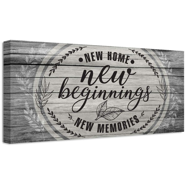 New Home New Beginning New Memories - 12" x 24" Canvas Wall Art (Printed on Canvas, Not Wood)- Stretched on a Heavy Wood Frame - Perfect for Above a Couch - Makes a Great Housewarming Gift