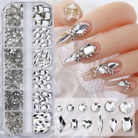 Rhinestones for Nails Charms White Big Crystal Nail Gems Charms 3D Flat Back Design Shiny Diamond Nail Art Charm DIY Accessories for Women Girls Manicure Decoration
