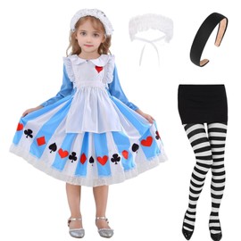 Harsever Kids Curious Girl Costume Blue & White Pinafore Dress Black Headband and Striped Tights Girls World Book Day Book Week Fancy Dress Costume (120)