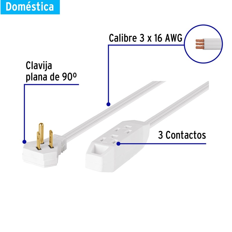 Volteck EDA-2B, Extensión doméstica aterrizada 2 m blanca con clavija